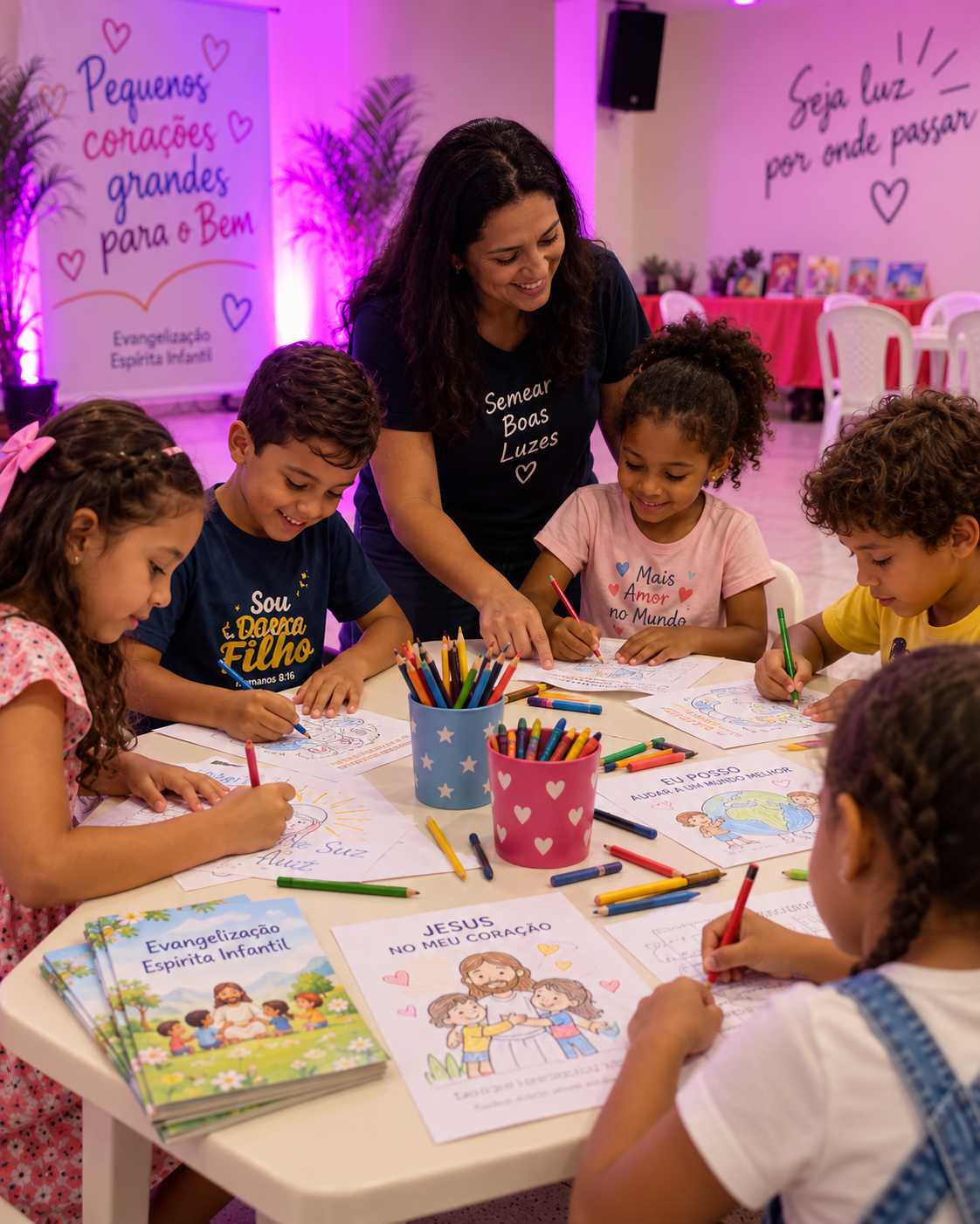 Crianças colorindo atividades de Evangelização Espírita Infantil