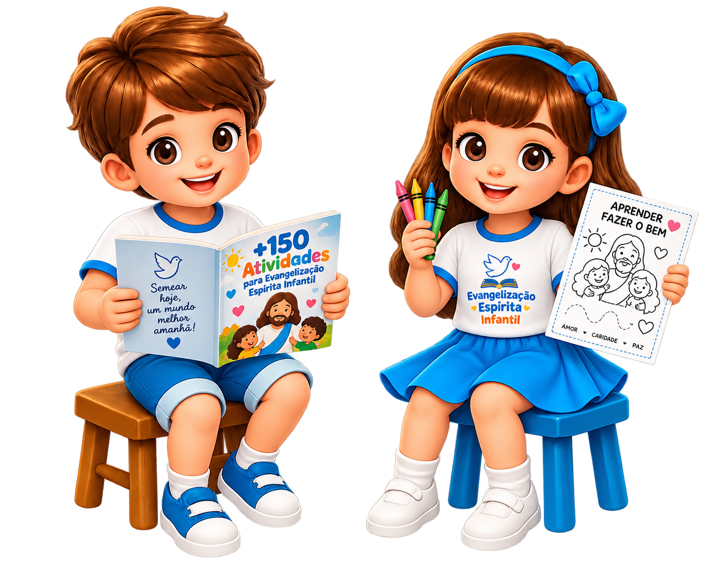 Crianças usando o material de atividades para Evangelização Espírita Infantil