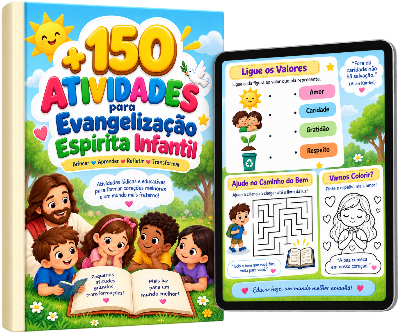 Plano Básico: capa do material +150 Atividades para Evangelização Espírita Infantil e amostra das atividades
